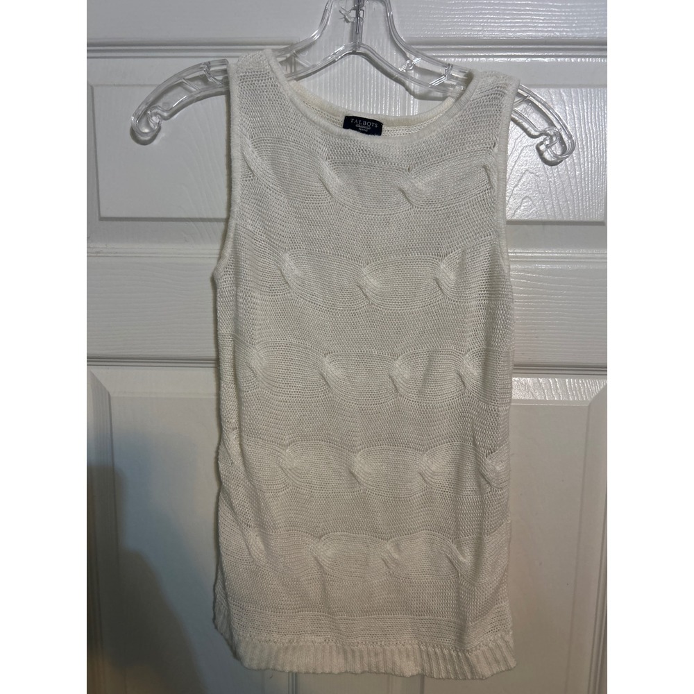 TALBOTS Petite Sleeveless Knit Sweater Top‎ Cream Cable Knit Textured Size P